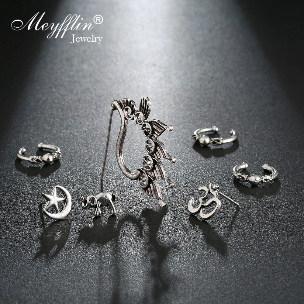 

Meyfflin 7pcs/set Punk Ear Cuff Earrings Bohemian Vintage Elephant Moon Star Stud Brincos Earrings Set Jewelry boucle d'oreille
