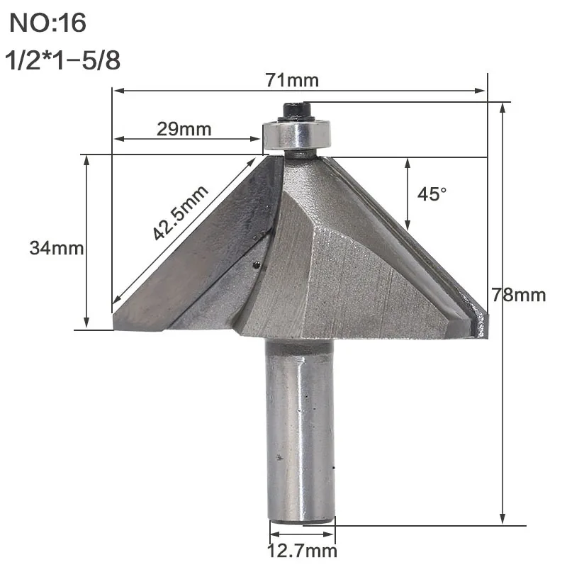 1 шт. 1/" 1/2" хвостовик фаски Фрезы для дерева конский нос бит 45 градусов Деревообрабатывающие инструменты с ЧПУ Два флейты Концевая фреза - Длина режущей кромки: NO16