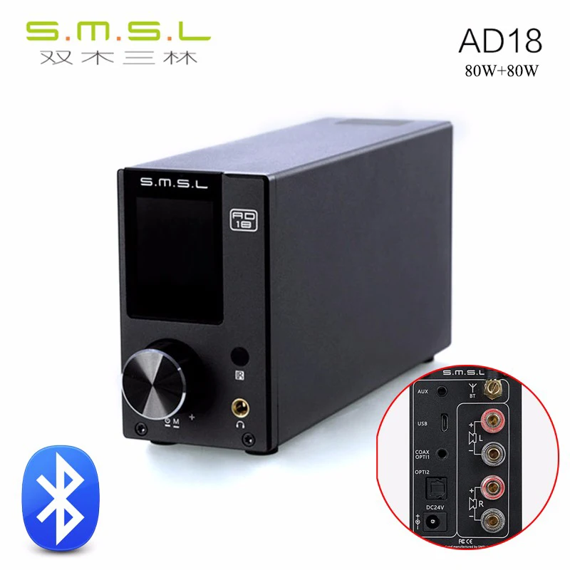 

Newest SMSL AD18 80W*2 DSP HIFI Bluetooth Pure Digital Audio Amplifier Optical/Coaxial USB DAC Decoder With Remote Control