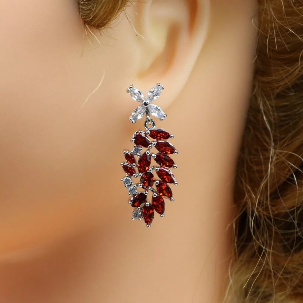 Elegant 925 Silver Jewelry Decoration Flower Shaped Red Cubic Zirconia Stone Bridal Long Earrings For Women (1)