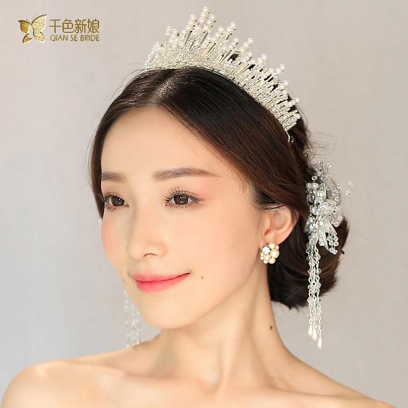 Белый Ретро дворец короны tiara свадебные украшения кристалл кистями аксессуары