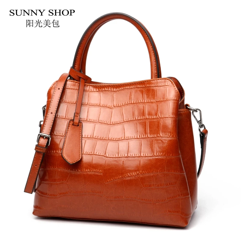 

SUNNY SHOP Genuine Leather Bag For Womens Skin Shoulder Bags Crocodile Pattern Solid Zipper Handbags Casual Top Handle Bag Tote