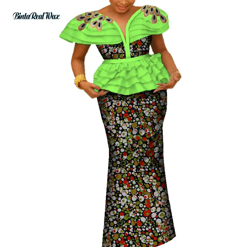 Африканский комплект из топа и юбки с аппликацией для женщин Bazin Riche, традиционная африканская Женская одежда, комплекты из 2 предметов, юбки WY4233 - Цвет: 9