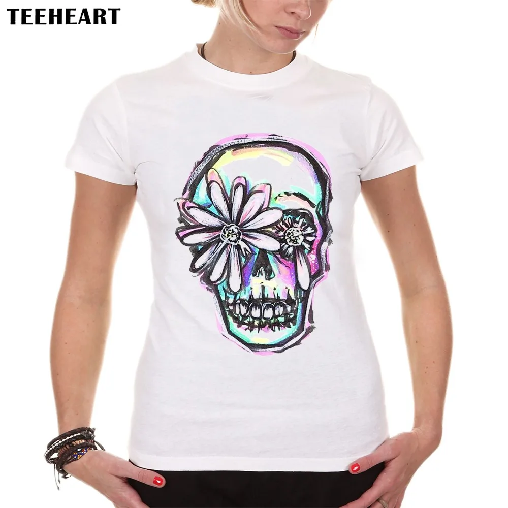 Buy TEEHEART Fashion Women Flower Skull Print T shirt