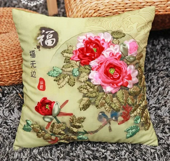 

3D family flowers Ribbon embroidery pillow cushion cover Chinese style pillowcase set DIY handmade needlework multi picture kk