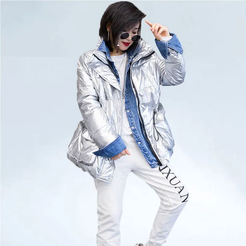 

Autumn Winter Women Down Cotton Jacket Denim stitching Adjustable Lace Up Shiny Fashion Basic Jackets Zipper Casual Cotton Coat
