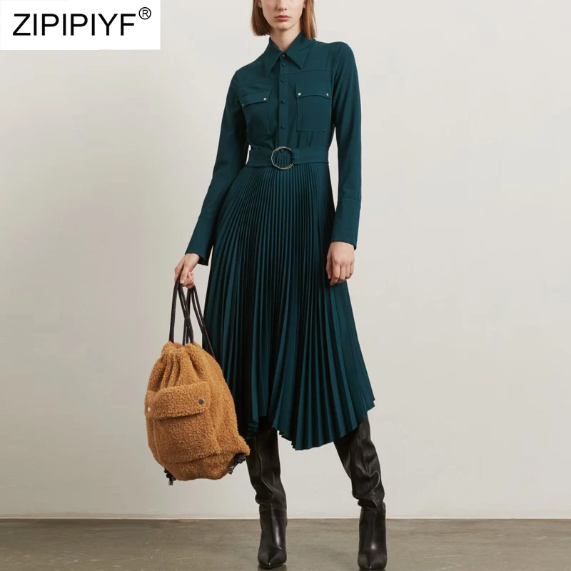 

Spring Autumn Solid Dress Elegant Irregular Hem Women Solid Long Pleated Dresses Turn Down Collar Long Sleeve Vestido H6853
