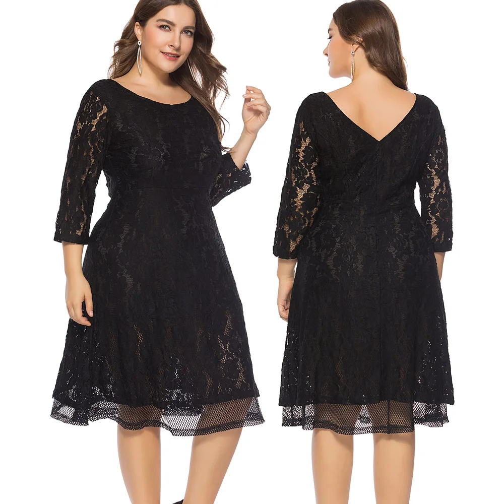 Summer Autumn Women black Lace Dresses High Quality 3/4 Sleeve A Line ...