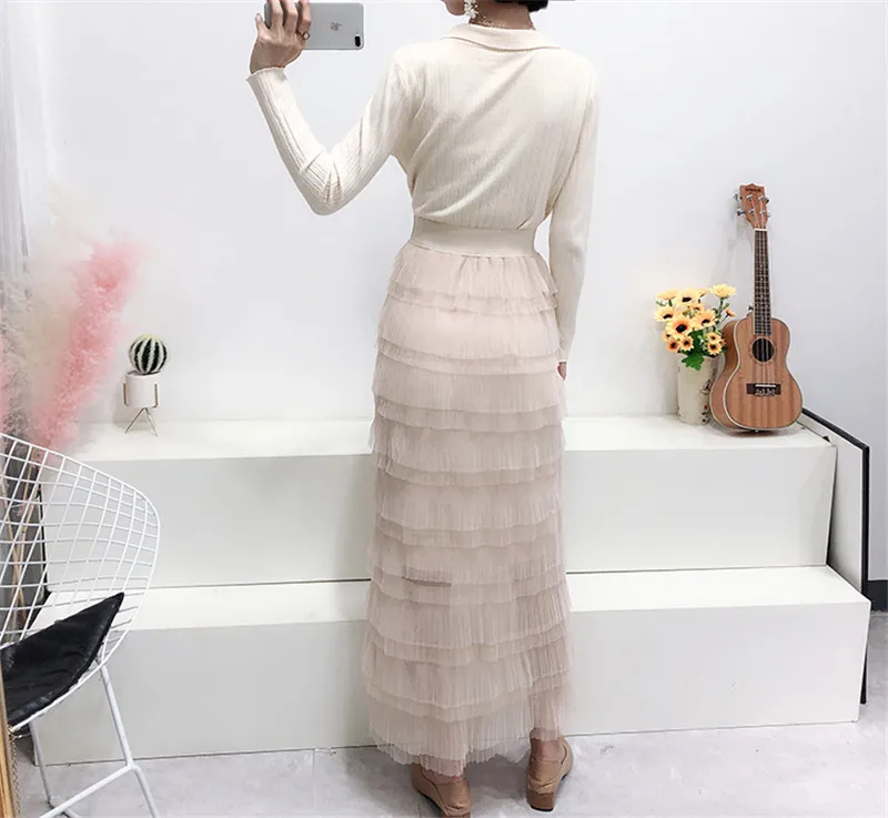 Для женщин юбка корейские демисезонные Фея шик сетки Юбки для Сладкий каскадные юбки с оборкой длинное платье черный торт