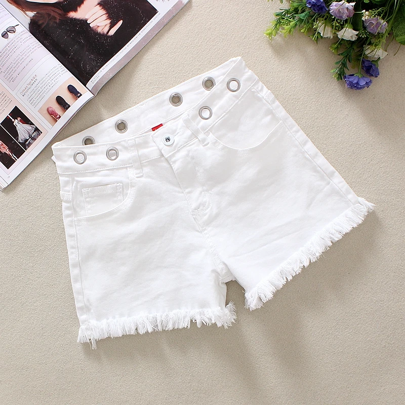 

2019 White Women's Denim Shorts Summer Hollow Out Tassels 100% Cotton Pockets High Waist Zipper Solid Straight Denim Shorts 055
