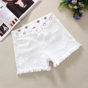 

2020 White Women's Denim Shorts Summer Hollow Out Tassels 100% Cotton Pockets High Waist Zipper Solid Straight Denim Shorts 055