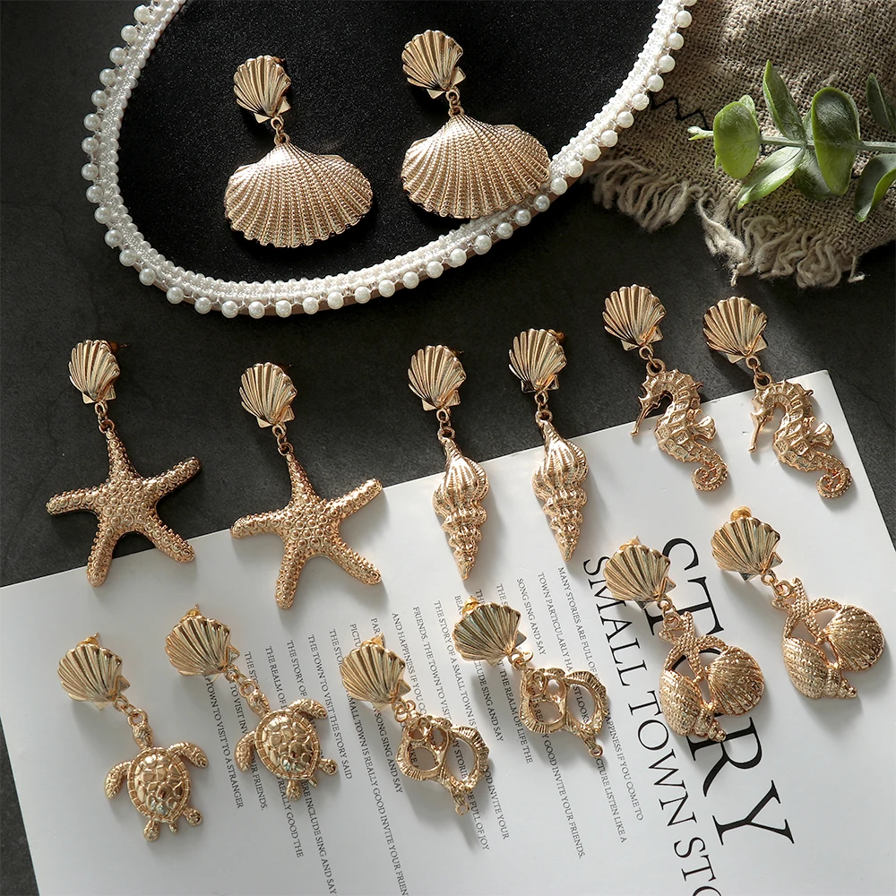 1Pair Summer Retro Fashion Shell Earrings Women Gold Color Geometric Irregular Starfish Conch Statement Jewelry Accessories