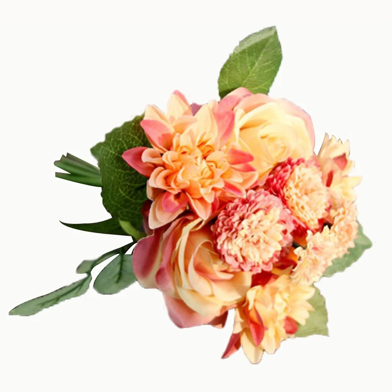 Online Whole Silk Orange Roses From China Silk Flower 1 Bouquet Roses Dahlias Artificial Flowers Fall Fake Leaf Wedding Home Decoration High