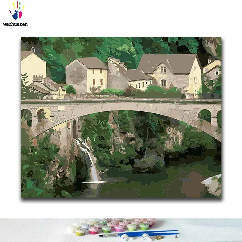 

DIY Coloring paint by numbers House on the bridge paintings by numbers with kits 40x50 framed