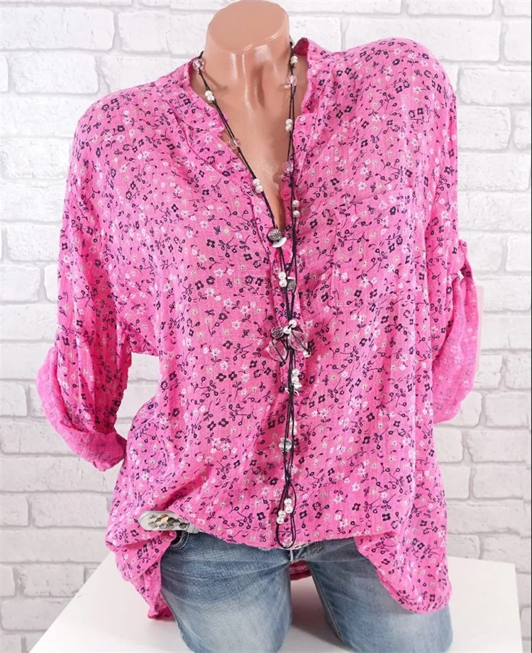 Large size Ladies Blouse spring and summer new V-neck long sleeve shirt printed loose casual Women's shirt thin section