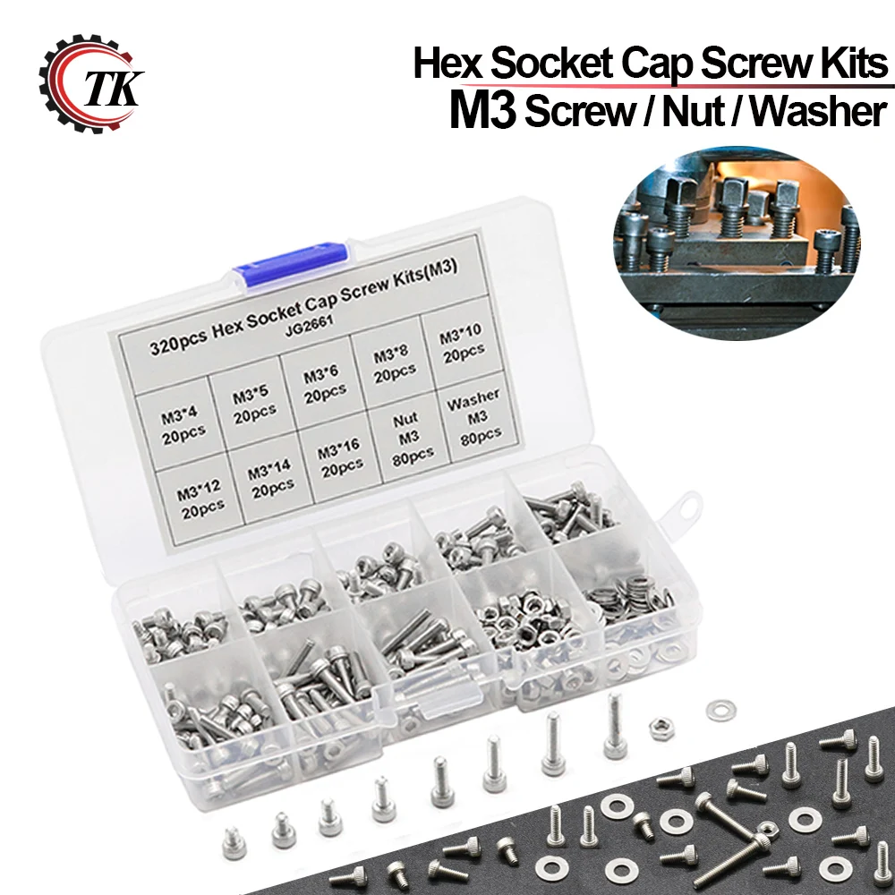 

320Pcs/set DIN912 M3 304 Stainless Steel Hexagon Socket Head Cap Screws Bicycle Hex Bolts Assortment Kit