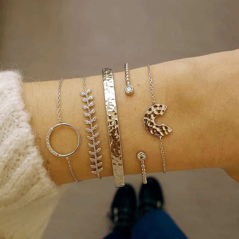 

5 Pcs/ Set Personality Female Leaves Moon Round Crystal Beads Chain Opening Bracelet Set Fashion Party Multilayer Gold Bracelet