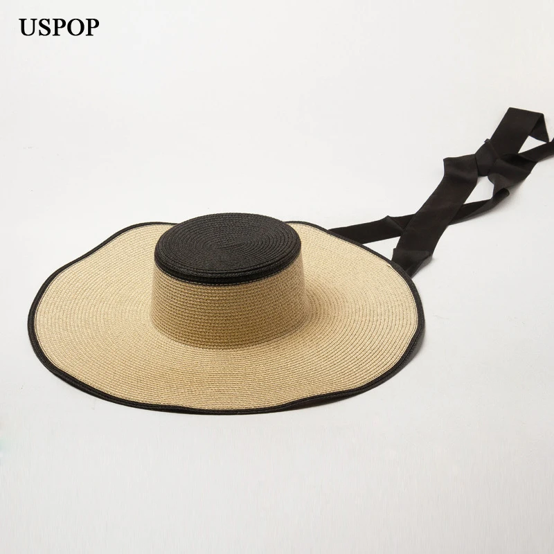 USPOP новая соломенная шляпа от солнца, Повседневная Мягкая соломенная шляпа с широкими полями, модная Лоскутная пляжная шляпа на шнуровке