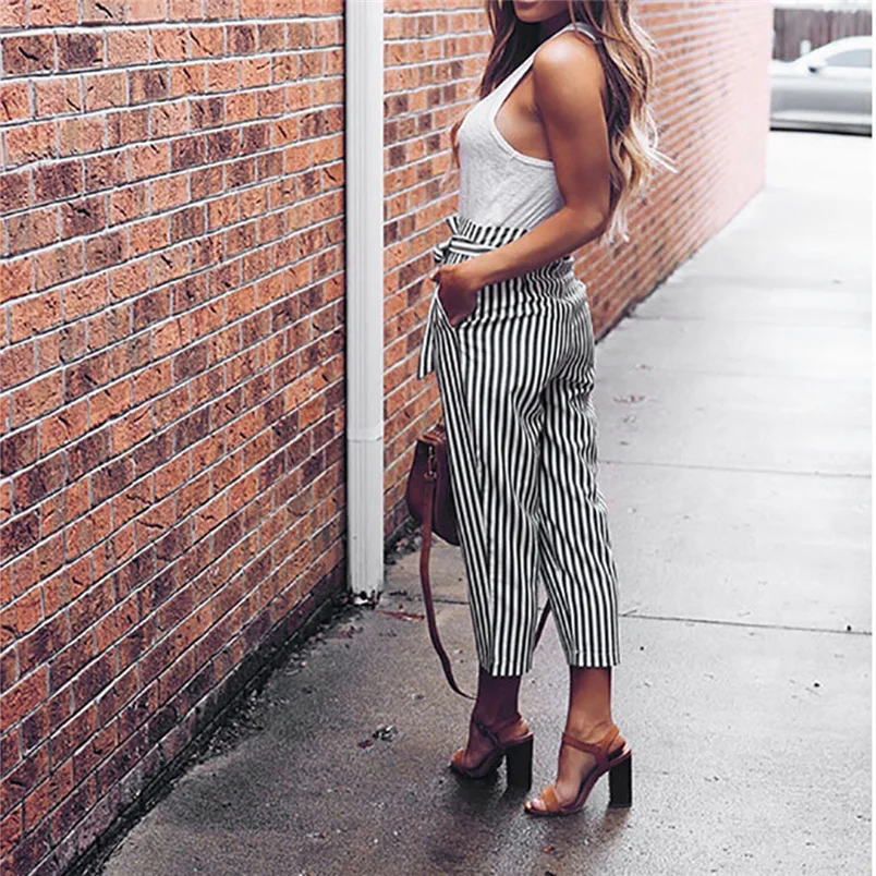 Women Pants 2018 Summer New High Waist Harem Pants Ladies Elegant Bowtie Elastic Waist Fashion Striped Casual Long Pants #J22 (10)