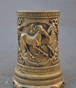 

marked chinese pure brass zodiac animal horses statue brush pot pencil vase jar