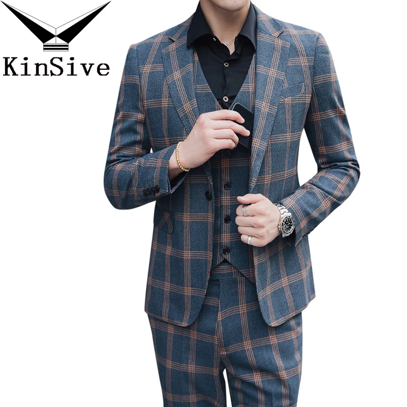 

Latest Coat Pant Designs Classic Plaid Suit Luxury Men Wedding Suits For Men 3 Pieces Formal Tuxedos Party Business Men Suit Set