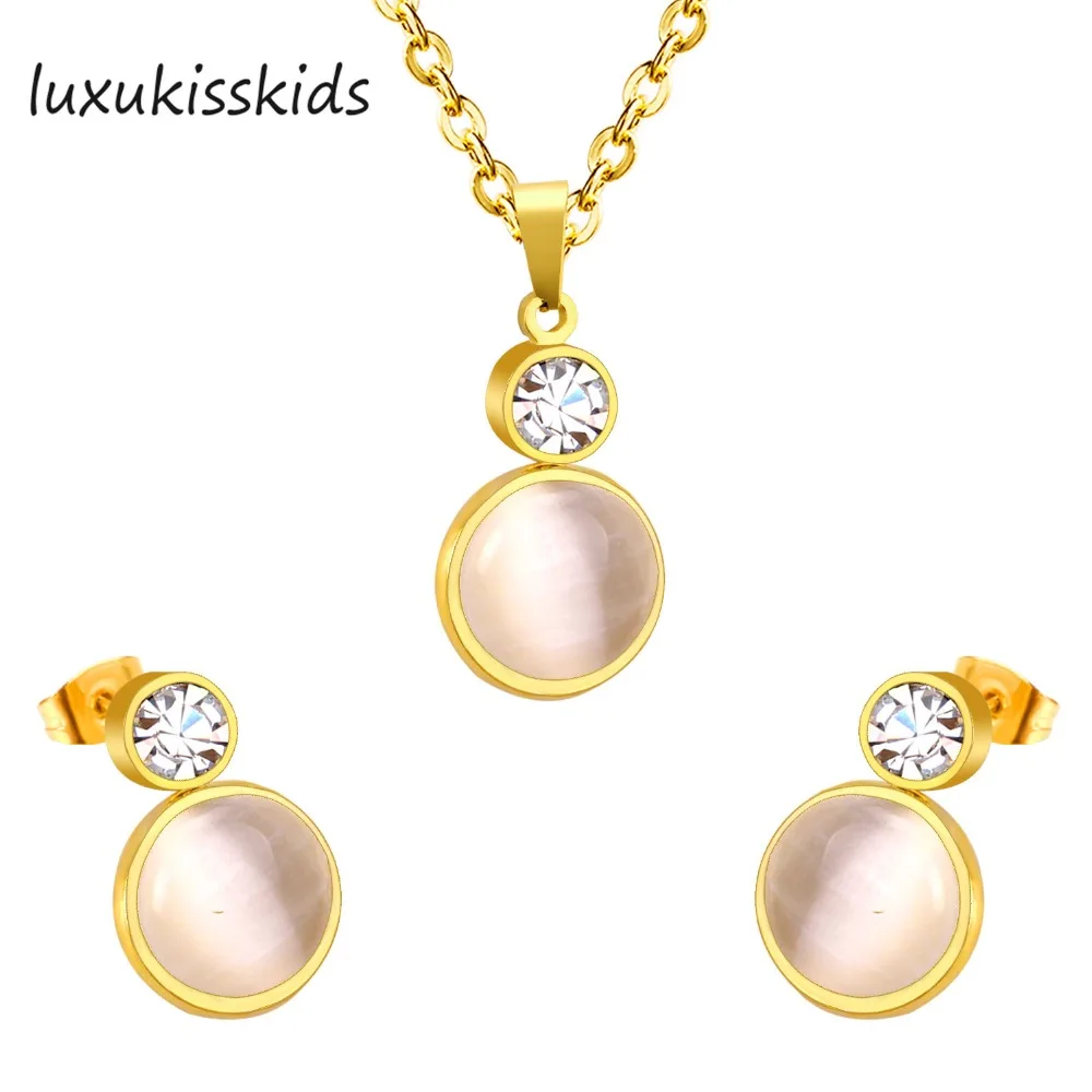 

LUXUKISSKIDS new design stainless steel jewelry sets filled creal crystal and opal gold color necklace and drop earrings