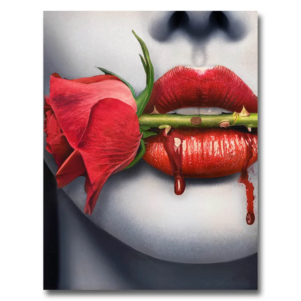 Sexy Girl Red Lips With Red Rose Dollars Canvas Art Prints Black And White Printed Oil Paintings On Canvas Wall For Living Room Painting Calligraphy Aliexpress