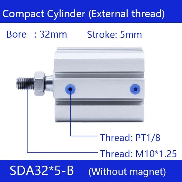 

SDA32*5-B, 32mm Bore 5mm Stroke External thread Compact Air Cylinders Dual Action Air Pneumatic Cylinder