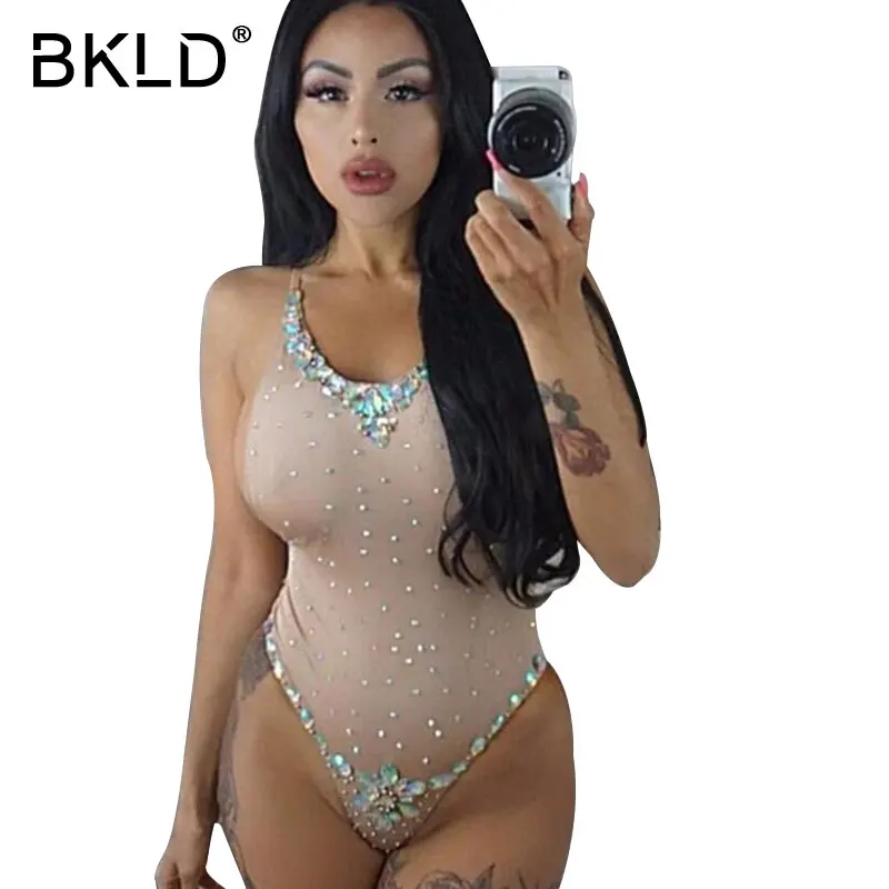 BKLD 2018 New Fashion Elegant Rhinestone Embellished Patchwork Women Sleeveless Bandage Jumpsuits Sexy Summer Backless Bodysuits