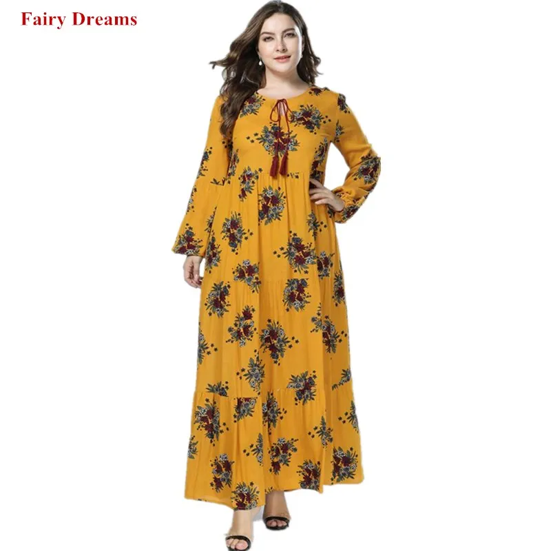 Abaya Dubai Long Sleeve Maxi Muslim Dress Women Flowers Print Yellow ...