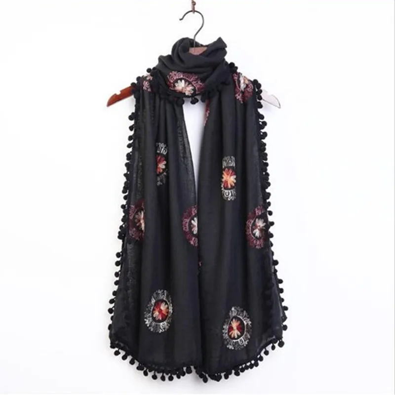 9 цветов, элегантный дизайн, шаль с помпоном, женские шарфы с вышивкой и шали, модная вышивка, цветок, глушитель, мягкий хиджаб fourlard - Цвет: color 1
