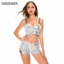 DANJEANER Sexy Sequins Two Piece Set DS Costumes Lead Dance Bar DJ Nightclub ShortTops + High Waist Shorts Performance Clothing silver sequins sparkling mirrors dress sexy nightclub bar dj ds costumes female singer leading party performance one piece dress