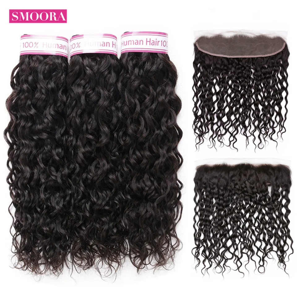 

Smoora Brazilian Water Wave Bundles with Frontal Closure Ear to Ear Non Remy Human Hair Weave 13x 4 Frontal With 3 Bundles Hair