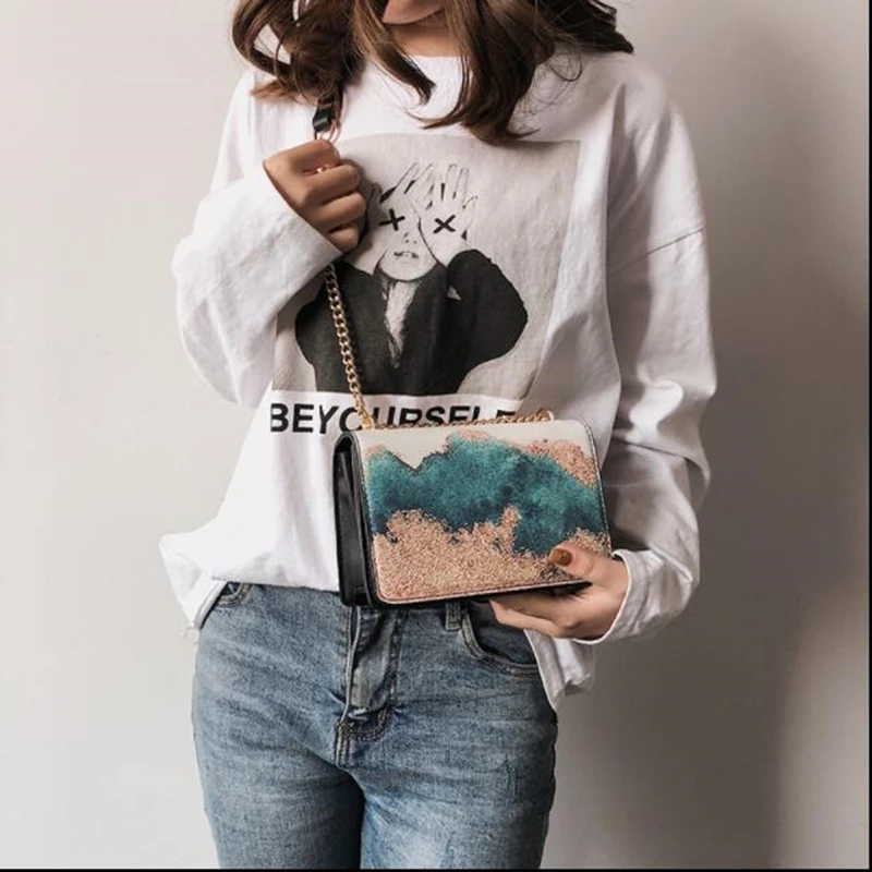 

Brand Spring Women's Bag Advanced Embroidery Chain Shoulder Bag Chain PU Crossbody Bag Female Painted Handbag For Girls qq081