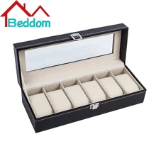 Beddom Watch Box Black Leather 6 Slots Watches Box,Glass Top Watch Display Storage Case Boxes Organizer Watch Storage Box Holder