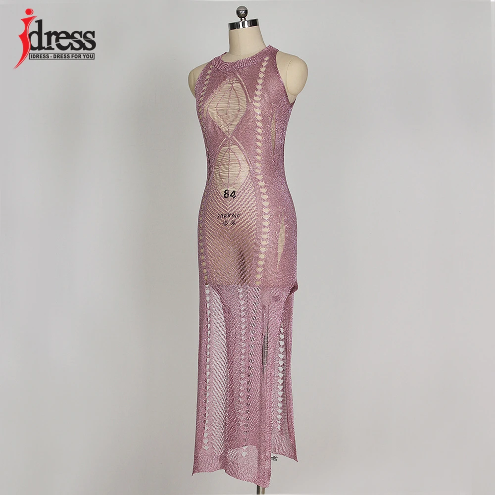IDress Sexy Knitted Crochet Club Dress 2017 Summer Beach Sleeveless Maxi Dress Hollow Out See Through Purple Gold Beach Dress (1)