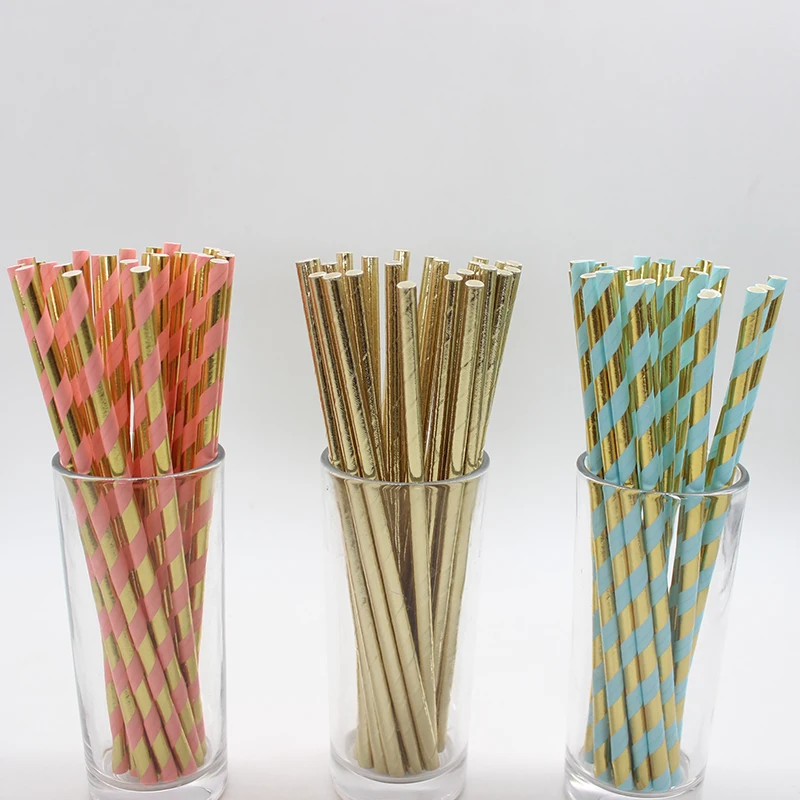 

25 Pcs Disposable Gold Blue Pure Color Bronzing Creative Wedding Supplies Birthday Event Party Decorating Beverage Paper Straw