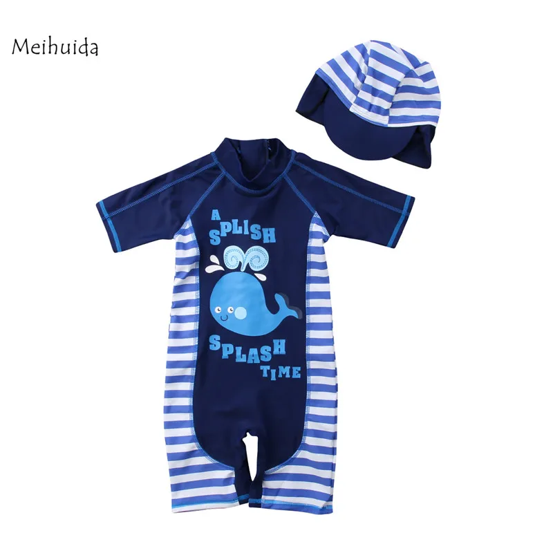 New Kid Boy Girl Sun Protective Swimwear+Swim Cap 2pcs 2018 Cartoon Pattern Swimsuit+Hat 1-6Year's Children Swimming Clothes | Спорт и