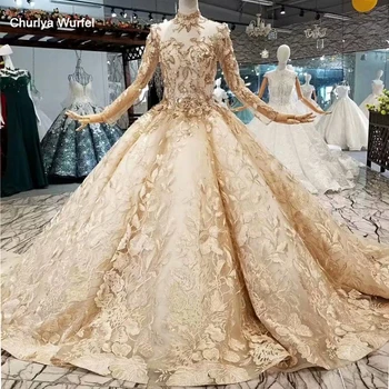 

LS66553 free shipping luxury dubai women occasion dresses long sleeve high neck 3D flower golden ball gown muslim evening dress