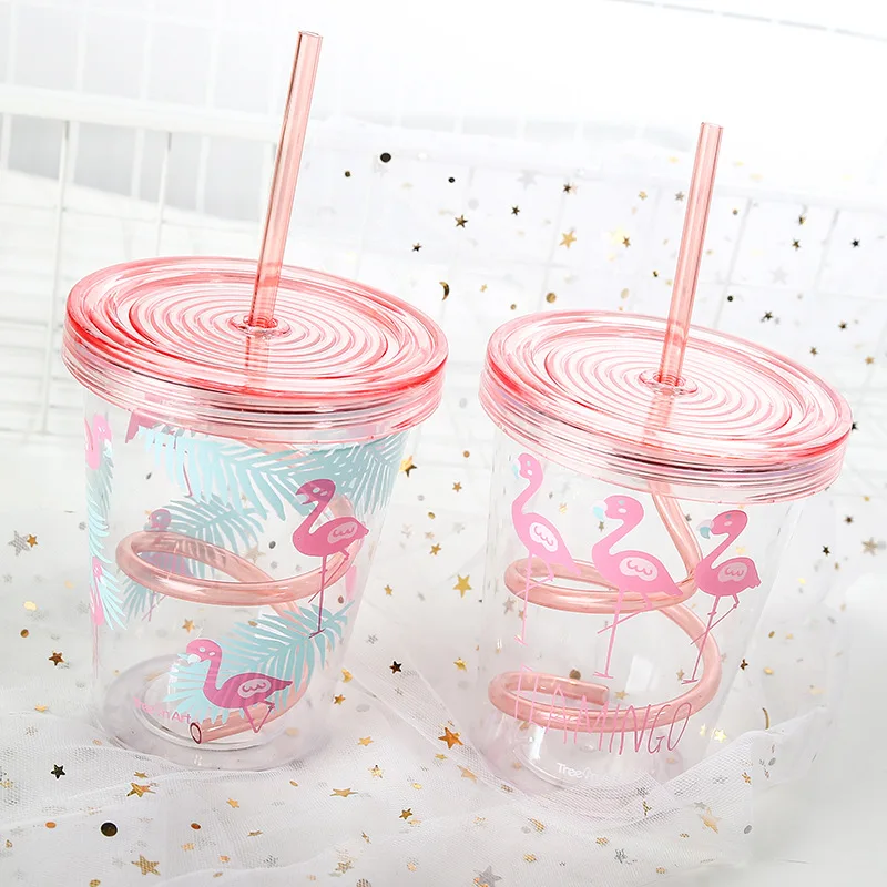 450ml Flamingo Cartoon Cute Plastic Straw Bottle Summer Outdoor Sport Cool Ice Water Bottle Women Office School Drink Bottles