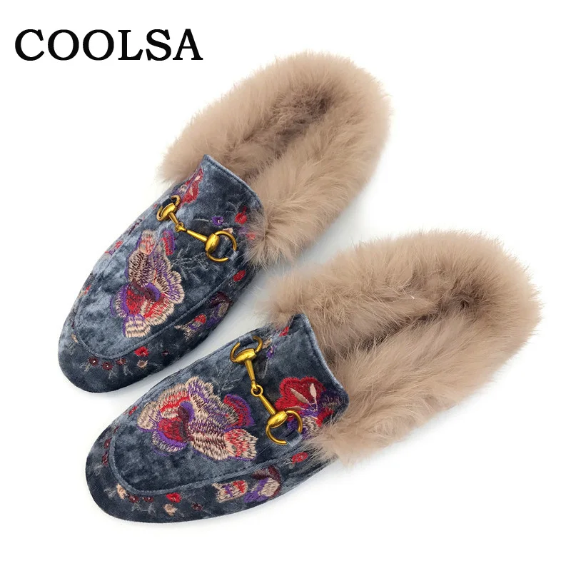 

COOLSA Women Slippers Slip On Mule Shoes Rabbit Fur Soft Plush Flower Outdoor Buckle Backless Slipper Fashion Lady Loafers Shoes
