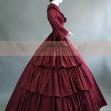 Бордовое хлопковое многослойное платье с оборками в викторианском стиле, бальное платье с длинными рукавами