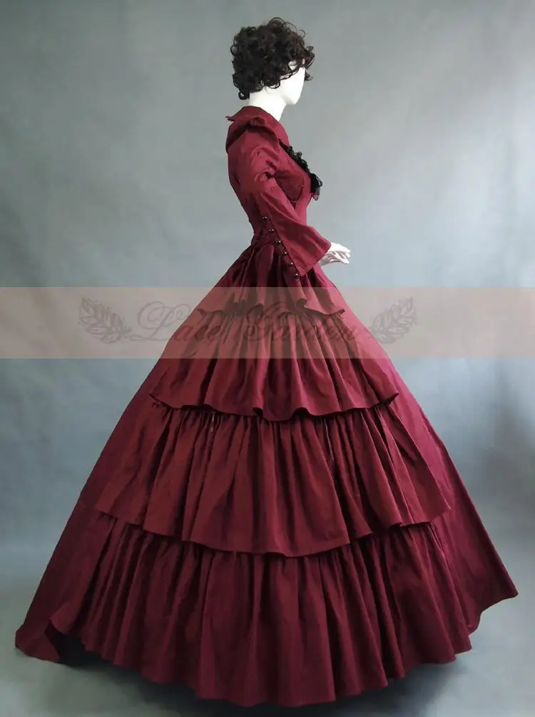 Burgundy Cotton Multilayer Ruffles Victorian Maiden Long Sleeved Period  Ball Gown Reenactment - Dresses - AliExpress