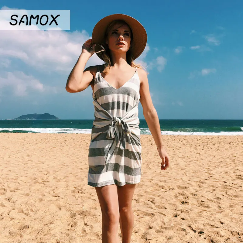 

JSMY 2019 New Summer Dress Fashion Women Sexy Deep V-neck Backless Stripe Lace Bow Dress