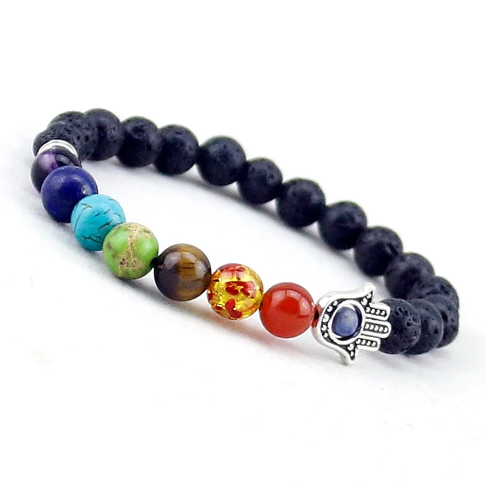 

Natural 8mm Black Lava Bracelet 7 Chakra Palms Yoga Bracelets for Women And Men