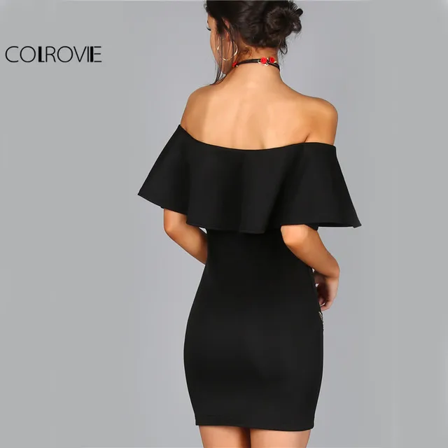 COLROVIE Dress Women Black Sexy Off Shoulder Embroidery Party Dresses 2017 Rose Applique Ruffle Elegant Bodycon Mini Dress 1