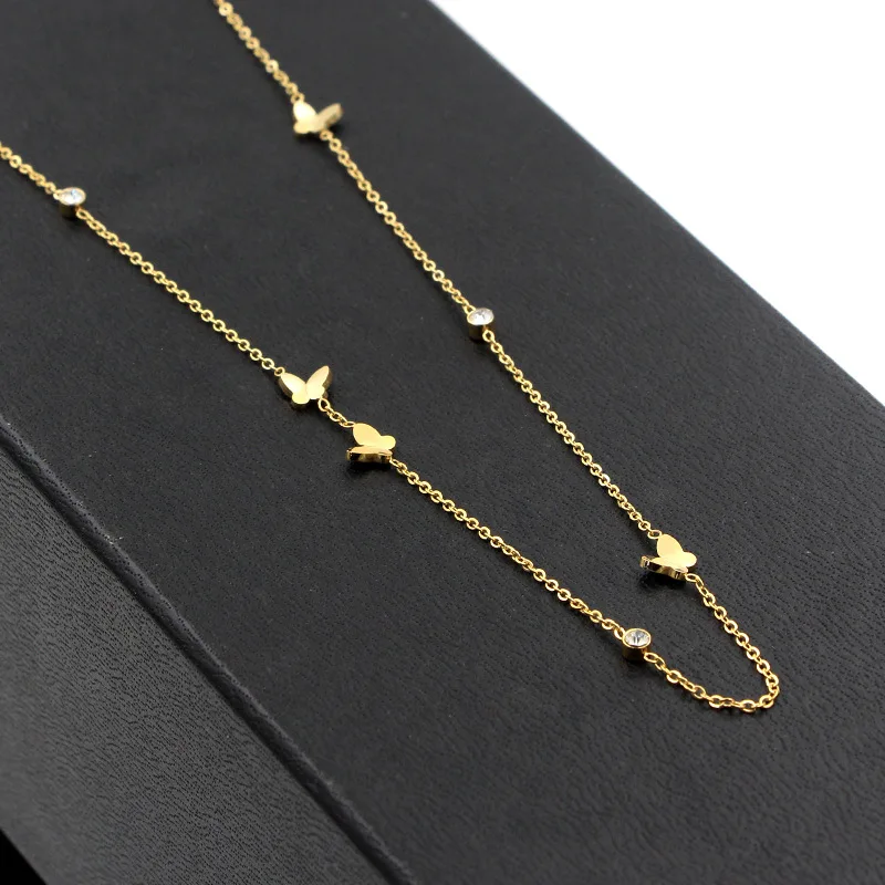 YUN RUO New Arrival Rose Gold Color Fashion Crystal Butterfly Chain Necklace Titanium Steel Jewelry Woman Gift Never Fade