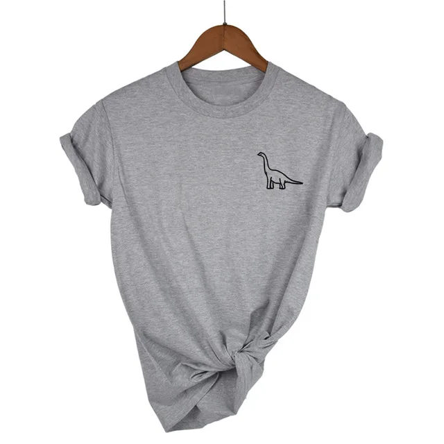 Хлопок динозавр карман печать женская футболка Повседневная Хлопок хипстер забавная футболка для Леди Топ футболки tumblr Прямая поставка - Color: Light Grey-B