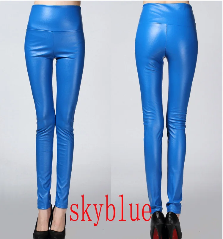 Женские леггинсы на осень и зиму, обтягивающие леггинсы из искусственной кожи, облегающие леггинсы из искусственной кожи, женские модные брюки из плотного флиса - Цвет: sky blue