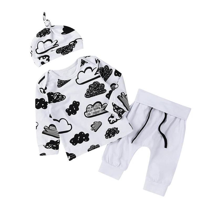 3PCS Clouds Print Baby Boy White Clothes Set Newborn Baby Girls Clothes Suit 2017 Fashion Soft Long Sleeve T Shirt +Pants + Hat